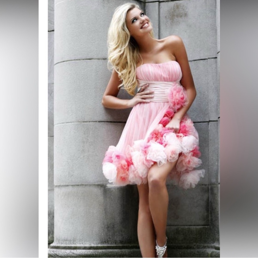 Sherri Hill Strapless Pink and White Strapless Floral Dress Pageant